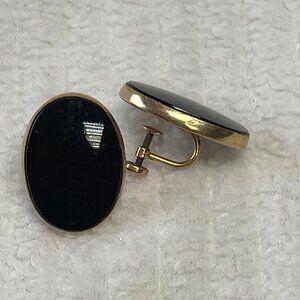 Vintage 1/20 12k GF WRE Oval Onyx Yellow Gold Plated Earrings Screw Back